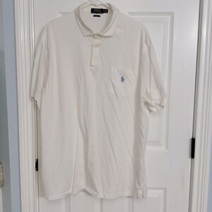 Polo classic fit XL white cotton shirt w/blue logo EUC No rips tears or stains